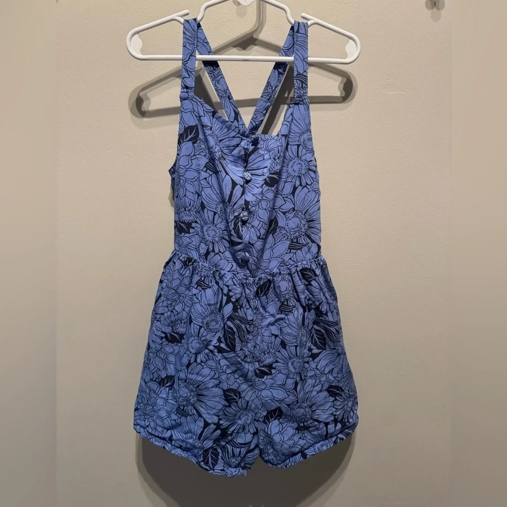 Haute Hippie Girls Blue Floral Romper Boho Sleeveless Button Front Size 7/8